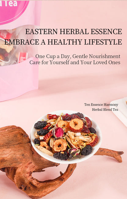 Ten Essence Harmony Tea lifestyle image with herbs

