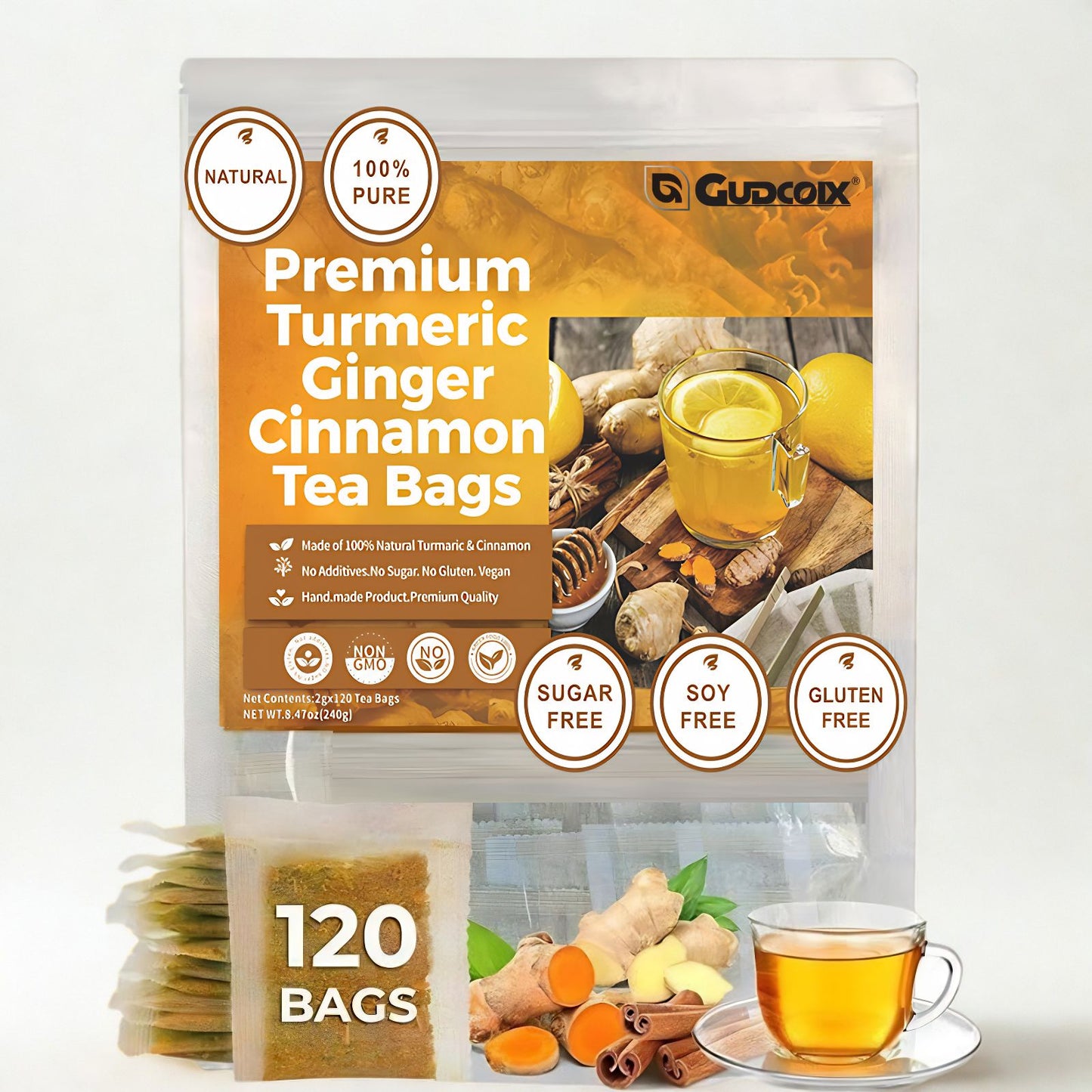 Turmeric Ginger Cinnamon Tea box front packaging
